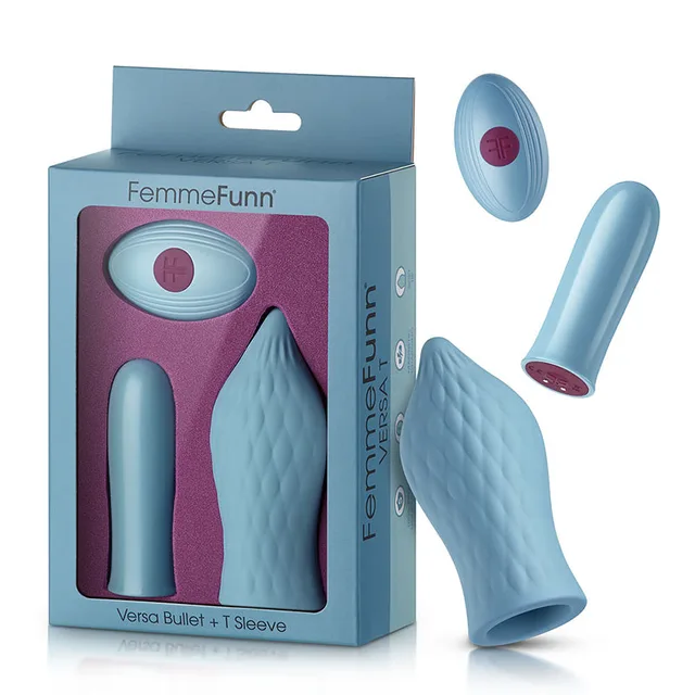 Light blue FemmeFunn Versa bullet and textured tongue sleeve beside box