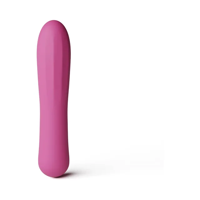 X&O's Tempt berry silicone rechargeable vibrator upright front view with slim straight body and rounded tip