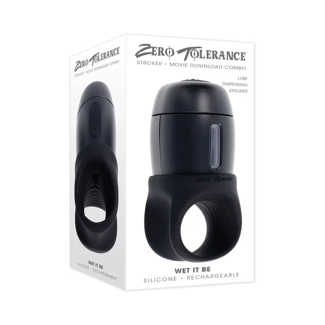 Zero Tolerance Wet It Be black stroker ring beside white retail box