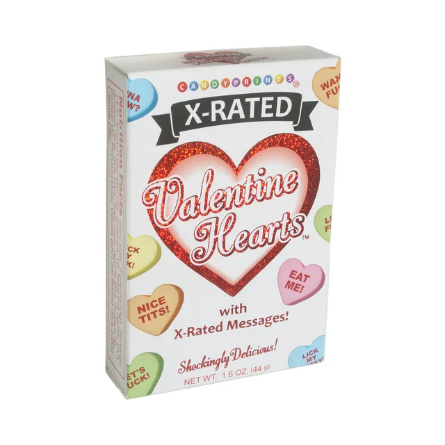 front of X-Rated Valentine Hearts candy box with multicolor message hearts