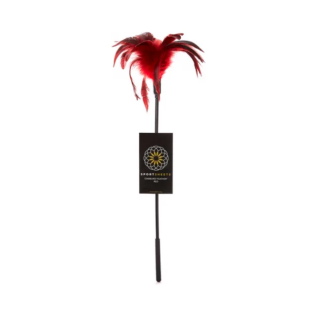 red Starburst feather tickler on long black wand with product card