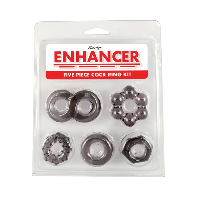 Nasstoys Enhancer five-piece black cock ring set in clear package