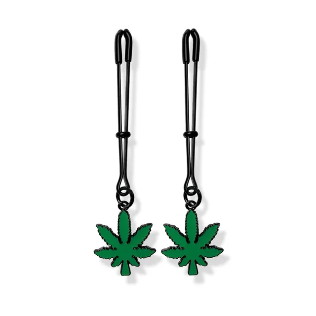 pair of black metal tweezer clamps with cannabis charms