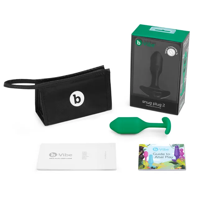 Green b-Vibe Snug Plug 2 with box, pouch and guide