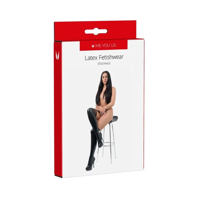 model wearing black Me You Us thigh-high latex stockings on retail box, size Large