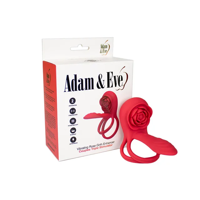 Red Vibrating Rose couples ring beside Adam and Eve retail box