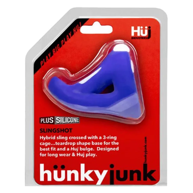 Oxballs Hunkyjunk Slingshot cobalt blue teardrop three-ring frame on red card