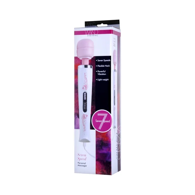 Pink and white XR Brands Wand Essentials 7-speed massager in tall retail box