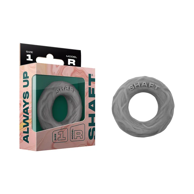 gray marbled Shaft Model R Size 1 single C-ring beside retail box
