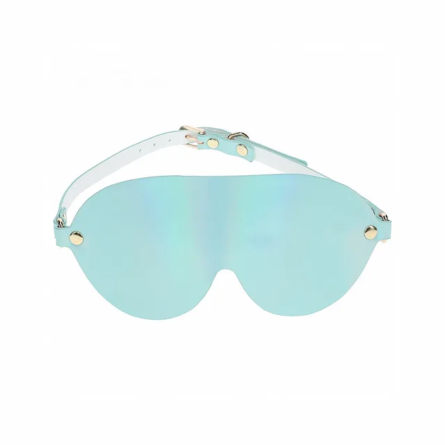 blue bonded-leather blindfold with contoured eye panel and buckle strap