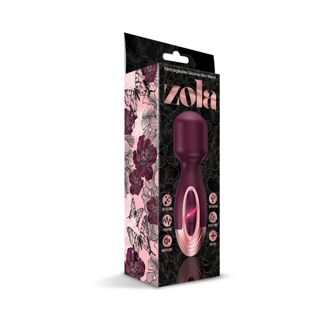 Front of black and pink Zola mini wand retail package