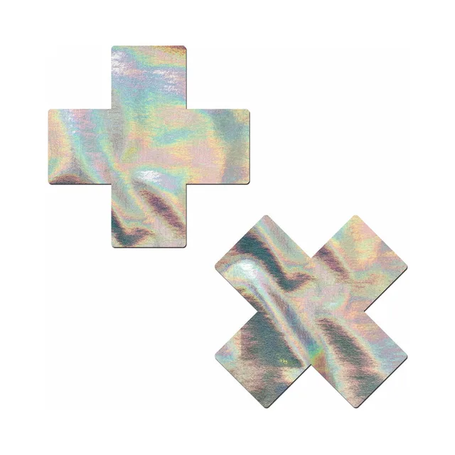 silver holographic Pastease pasties with upright and diagonal cross shapes