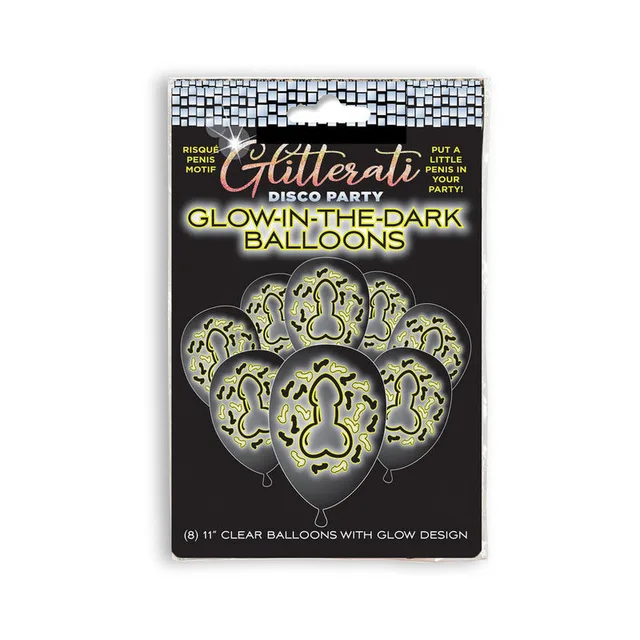 black Glitterati package with eight clear glow-design balloons printed with penis outlines