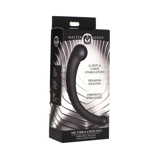 black Vibra-Crescent curved dual-ended silicone vibrator displayed on box