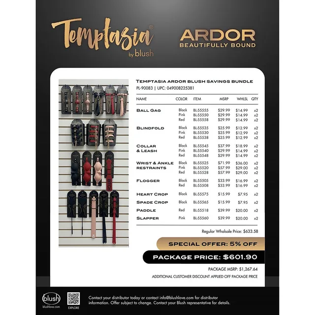 Temptasia Ardor Blush assorted-color bundle collection sheet with color-coded rows of products
