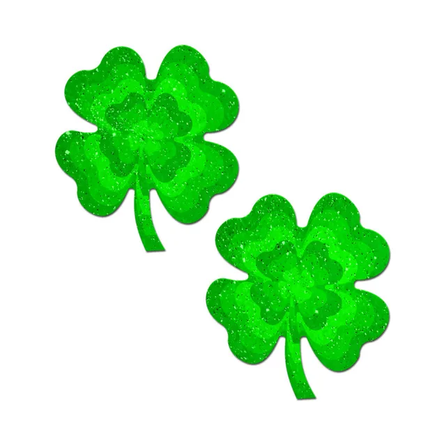 Pastease green glitter four-leaf clover nipple pasties matching pair with bright glitter and layered shamrock shapes