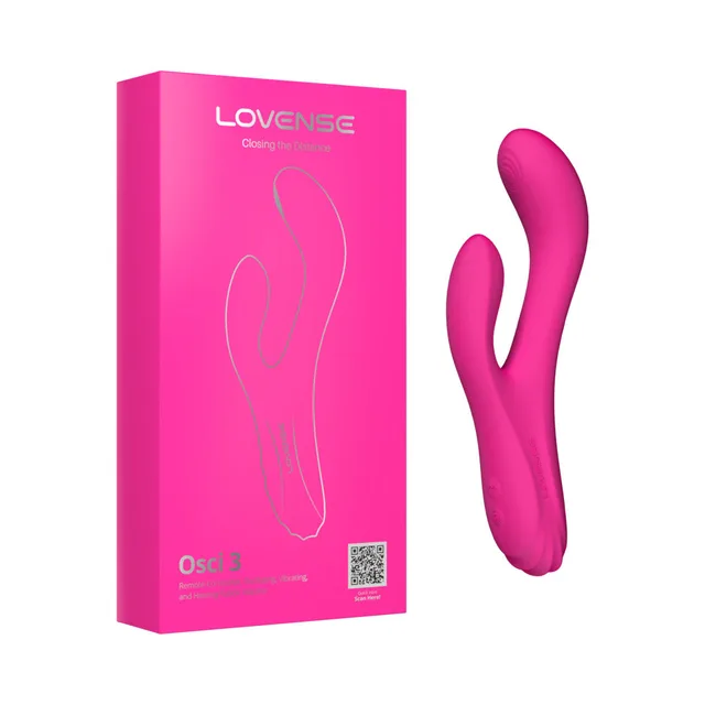 Bright-pink Lovense Osci 3 dual-arm vibrator beside tall pink box