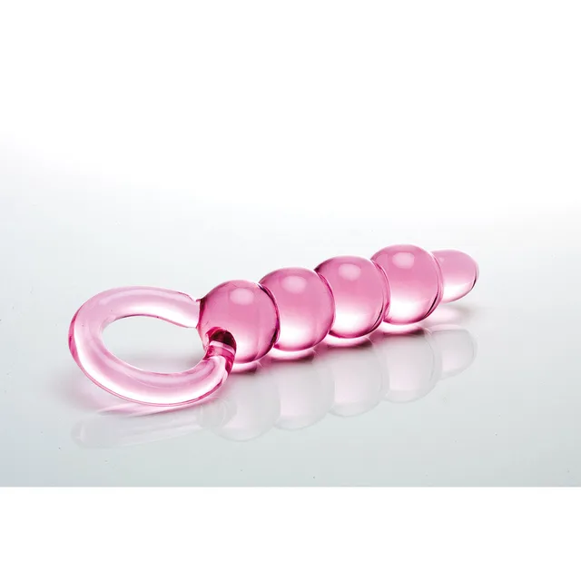 pink glass String of Pearls with four graduated beads and circular handle