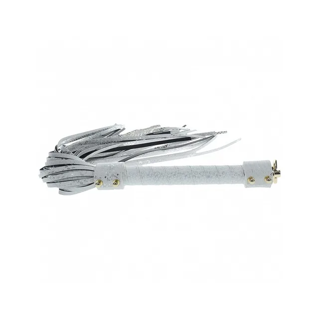 white and silver snakeskin flogger with wrapped handle and gold studs