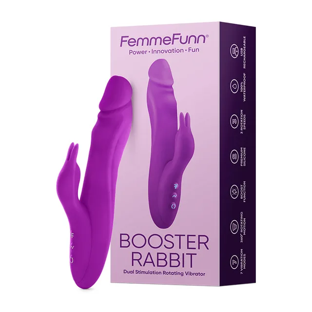 FemmeFunn Vortex Booster Purple Rabbit Vibrator beside pink purple retail carton