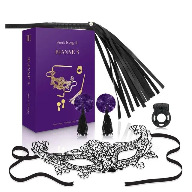 Ana's Trilogy III purple box with black mask multi-tail whip pasties and ring