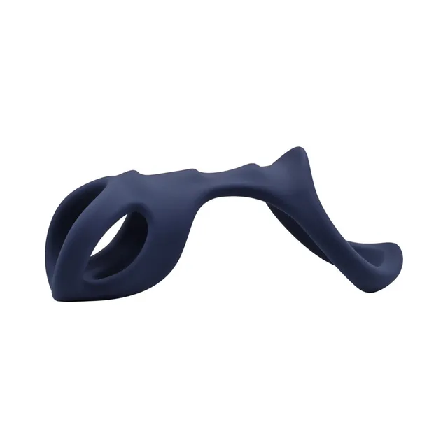 Angled side view of navy cage with twin loops and ribbed bridge