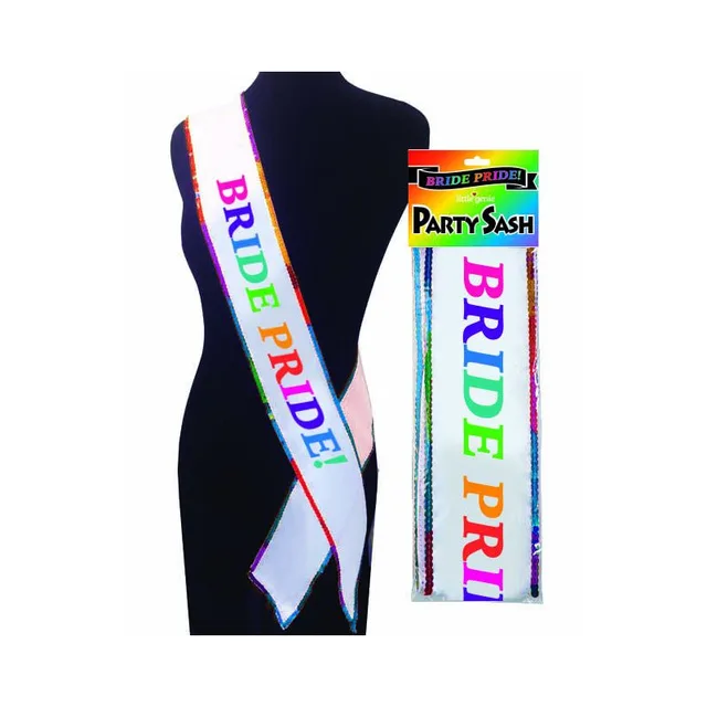 Bride Pride white party sash with rainbow edging and lettering