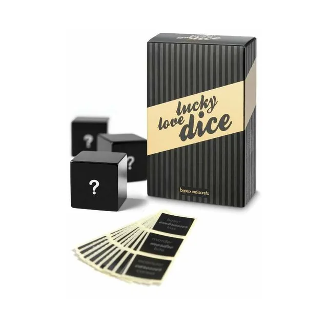 Lucky Love black game box with three black dice and a fan of gold-trim stickers