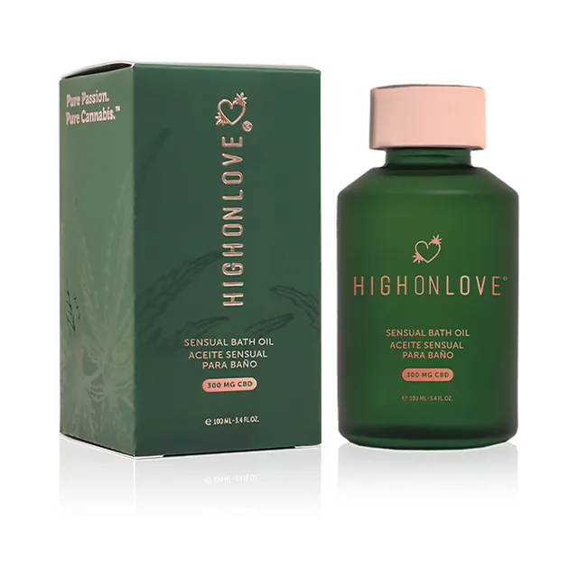 green HighOnLove CBD Bath and Body Oil bottle beside matching carton