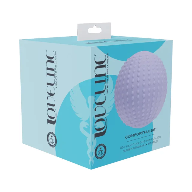 Lavender LoveLine ComfortPulse orb massager pictured on turquoise retail box
