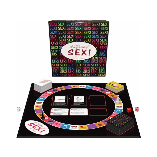 A Lifetime of Sex board game with circular board, cards, dice and markers
