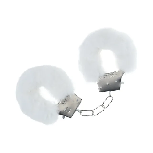 Ouch Classic white fluffy handcuffs with silver-tone locks and chain