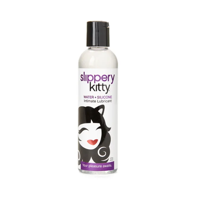 Slippery Kitty 4 oz hybrid lubricant in white bottle with black cap