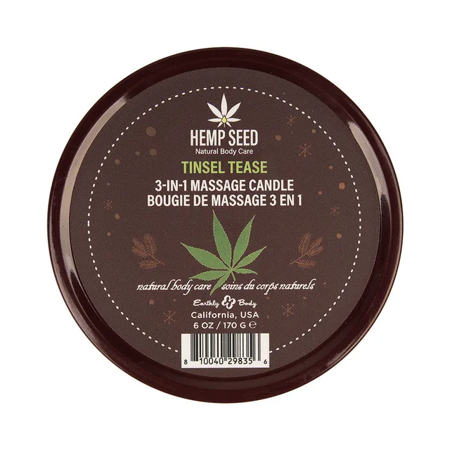 Top label of Earthly Body Tinsel Tease 6 oz candle tin