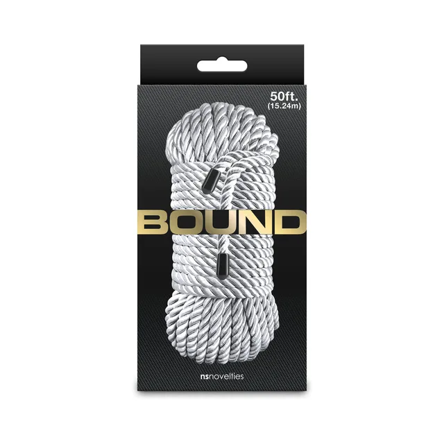 NS Novelties Bound 50 ft silver rope coiled inside the black hanging retail sleeve