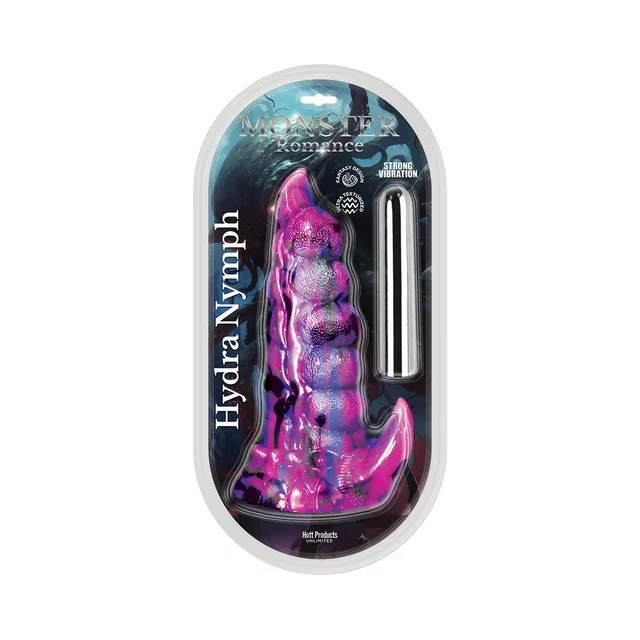 Hott Products Hydra Nymph fantasy dildo translucent purple textured design with black bullet in retail package