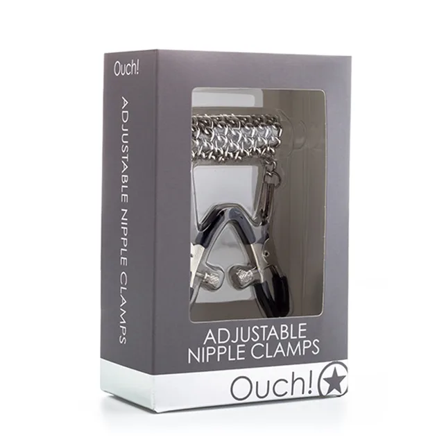 Silver Ouch adjustable metal nipple clamps and chain in gray window box