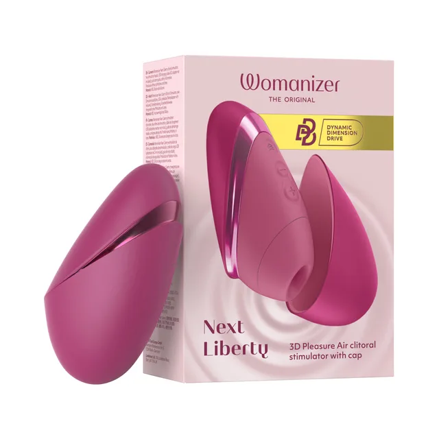 Womanizer Next Liberty vibrant pink clitoral stimulator with protective cover beside the pink retail box