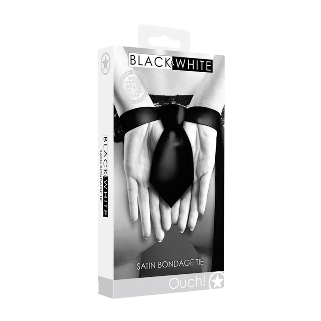 Shots Ouch black satin bondage tie retail box front