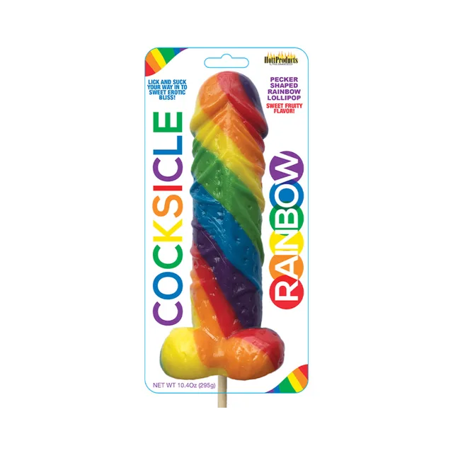 Rainbow Cocksicle penis-shaped lollipop on white retail card