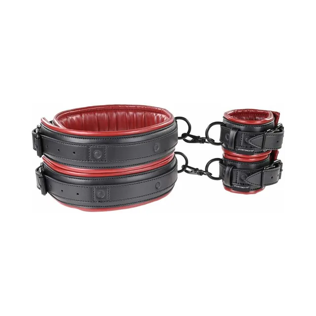 Wide thigh cuff connected to two smaller wrist cuffs