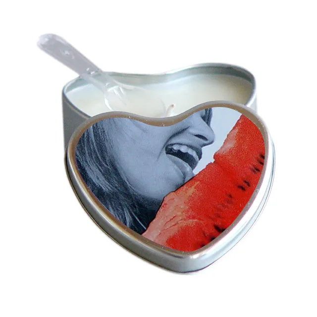Open heart-shaped watermelon massage candle tin with photo lid
