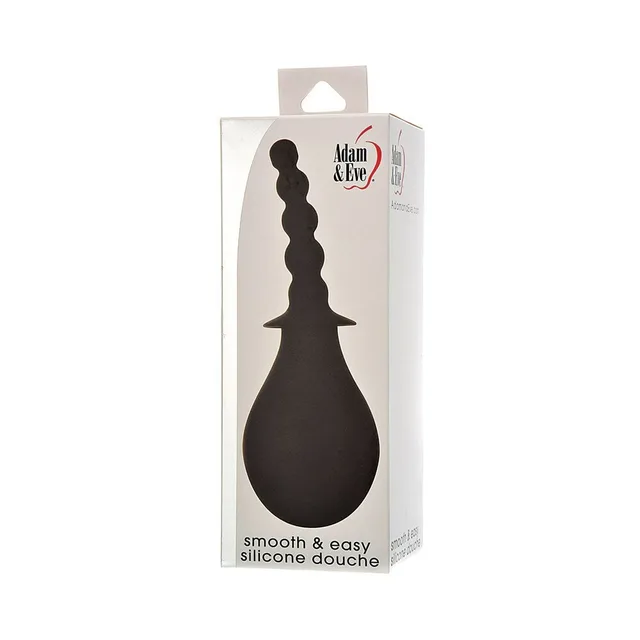 Adam & Eve Smooth and Easy black silicone douche pictured inside white retail box
