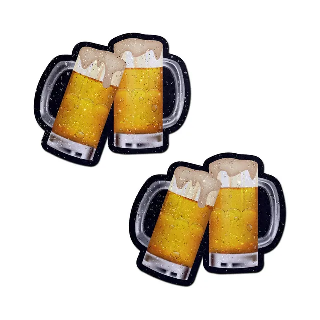 Pair of frothy amber beer mug shaped pasties