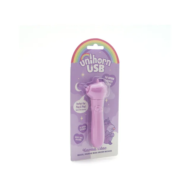 Lilac Unihorn Karma USB bullet on purple rainbow retail card