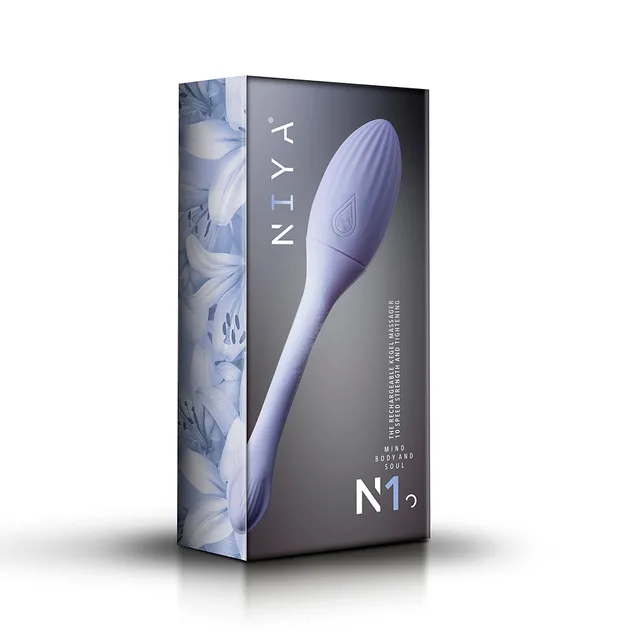 Rocks-Off NIYA 1 cornflower Kegel massager pictured on floral retail box