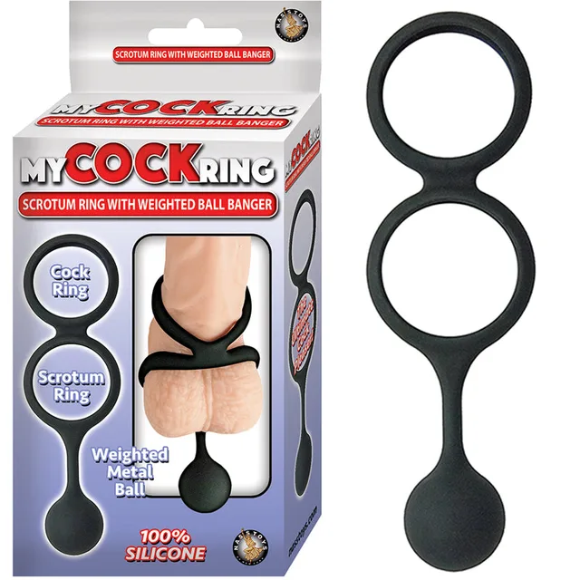 Nasstoys My Cock Ring Black Weighted Ball Ring beside white red retail carton