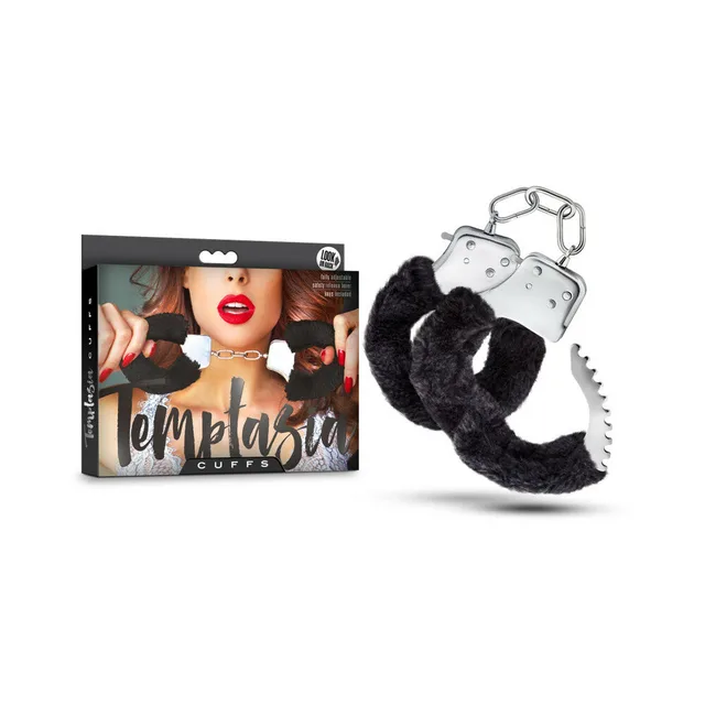 Blush Temptasia Black Faux-Fur Cuffs beside black retail carton