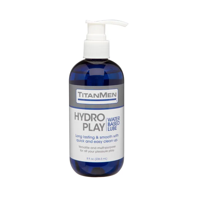 TitanMen Hydro-Play Water-Based Glide 8 oz blue pump bottle front