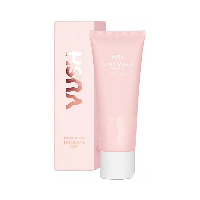 pink VUSH Feelin Myself 3.4 oz gel tube standing beside matching carton